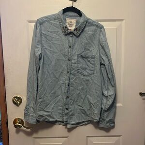 SO denim button down with rhinestone detail on collar.